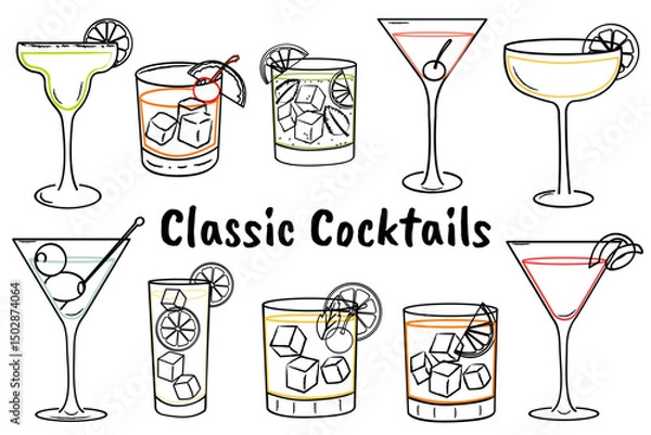 Fototapeta Hand drawn classic cocktail illustrations. Doodle style drink glasses with Lemon, ice cubes, garnishes, and cherries. Summer party drink for bar menu, invitations.