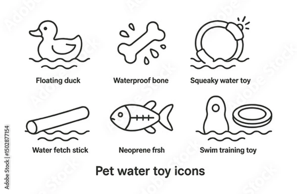 Obraz Line style icons of pet toys: floating duck toy, waterproof bone, tug ring for pool, squeaky water toy, water fetch stick, neoprene fish, swim training toy, floating frisbee.
