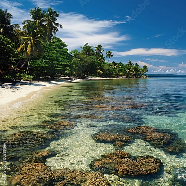 Obraz Glowing tropical sunrise with golden beach and tall palms high resolution picture