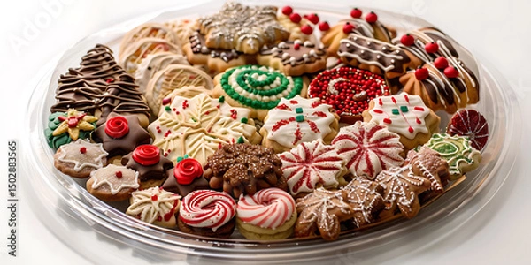 Obraz Colorful holiday cookies assortment with decorated trees stars and peppermint swirls on platter background

