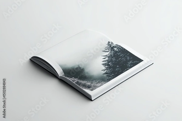 Obraz Open book featuring a landscape image of a misty mountain forest