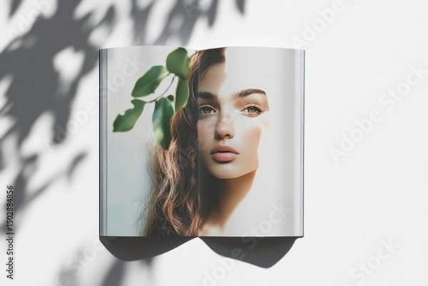 Obraz Open magazine featuring a young woman with sunlit, natural beauty.  A leafy branch accents her portrait, creating a serene and elegant aesthetic, against a clean white backdrop