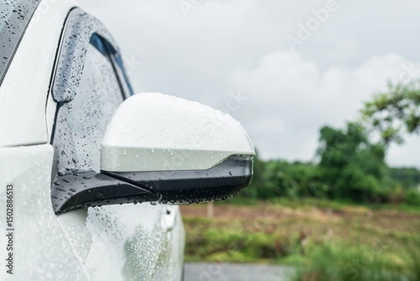 Fototapeta Side rear-view mirror and water droplets on a car.