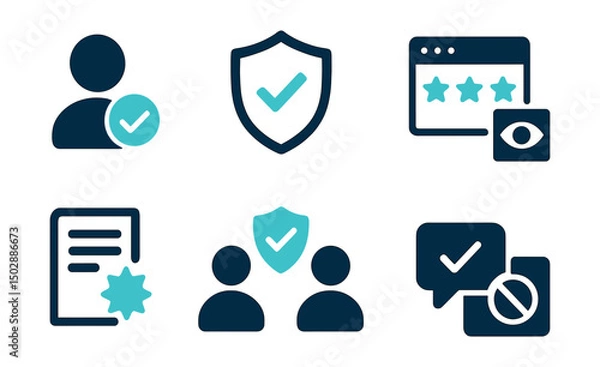 Fototapeta Two-Color vector icons of online trust and safety: verified user, trusted badge, review score, transparency icon. Community rules, safe interaction, verified message, block/report.