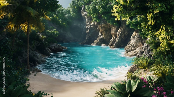 Obraz Vibrant island shoreline with trees and clean blue waves high resolution picture