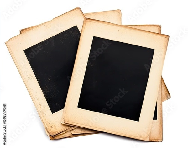 Obraz Stacked vintage photo frames, aged and creased,  showing blank, dark, negative-like areas within