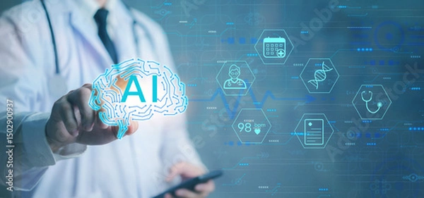 Fototapeta Doctor interacting with AI brain icon in futuristic interface. Concept of artificial intelligence in healthcare, diagnostics, smart hospital system, and medical data analysis technology.