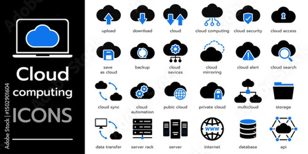 Fototapeta Cloud computing web icons. Cloud technology, security, data center, connection network, service, database, collection. Solid vector icons collection