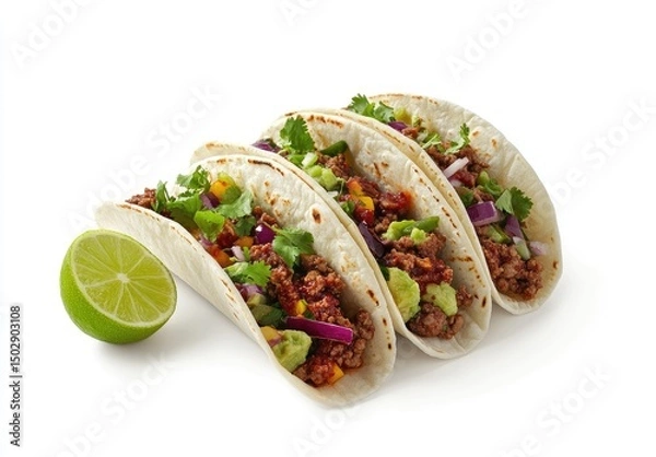 Obraz Three tacos with ground beef, avocado, salsa, red onion, cilantro, and a lime wedge