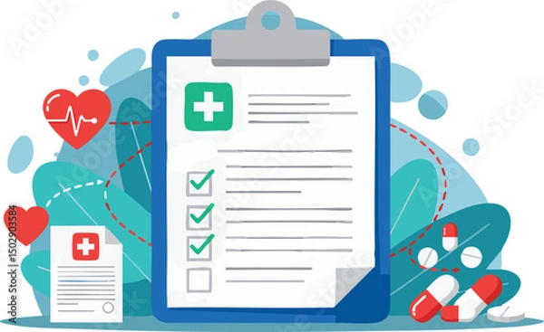 Fototapeta Vector flat illustration Medical Checkup Checklist, Healthcare Forms, Doctor's Appointment, Patient Records, Health Management
