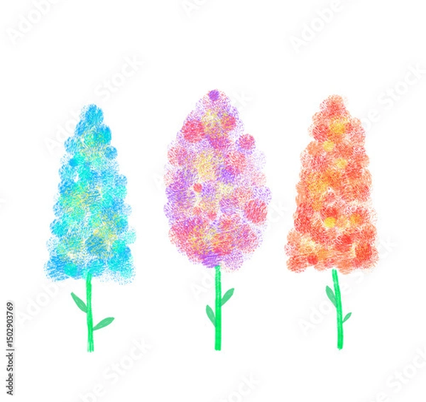Fototapeta Three trees or plants of different colors, shapes, and sizes. The trees are drawn with circles and dots and are very colorful. Spring, summer. Illustration.