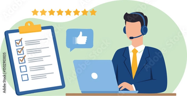 Fototapeta Vector Flat Illustration Customer Service Agent Providing Top-Notch Support, Checklist, and Five-Star Reviews -  Excellent Online Assistance and Client Satisfaction