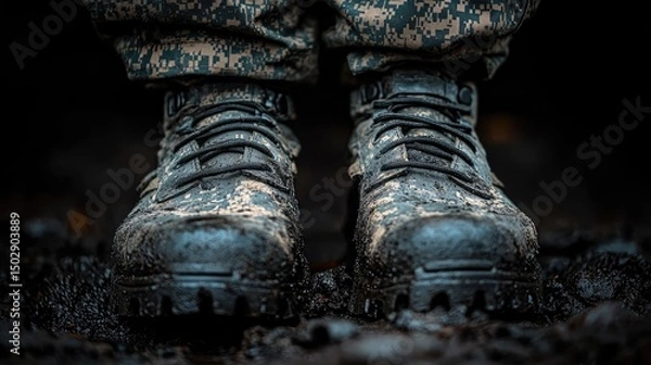 Fototapeta Close-up of military boots standing in muddy terrain, showcasing resilience and functionality in harsh conditions