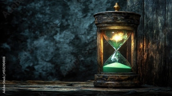 Fototapeta An antique hourglass with green sand illuminated in soft light, symbolizing the passage of time and reflection in a rustic setting