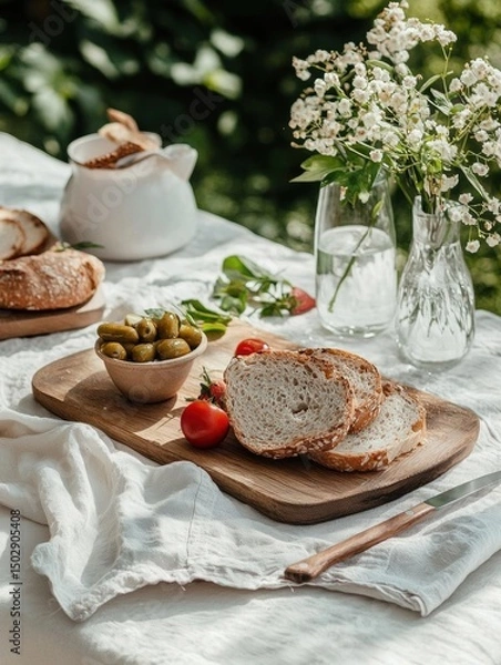 Obraz Table set up in a garden with a white tablecloth. on the table, there is a wooden cutting board with two slices of bread on it.