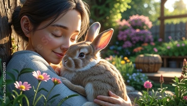 Fototapeta A young woman with her eyes closed gently cradles a fluffy brown rabbit in a sun-drenched garden. Warm light and soft colors create a peaceful scene.
