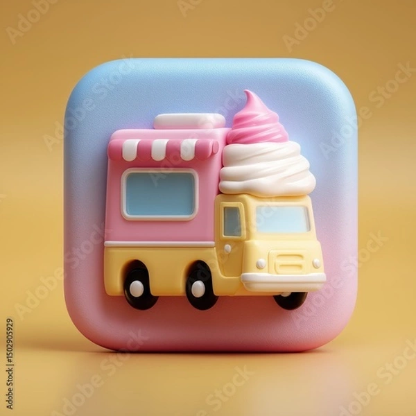 Fototapeta 3D Rendering Colorful ice cream truck illustration with a whimsical design on a pastel background. Sosial media style icon