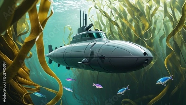 Fototapeta Sleek submarine navigating a lush underwater kelp forest.  The vessel's metallic gray contrasts beautifully with the vibrant greens and yellows of the aquatic plants.