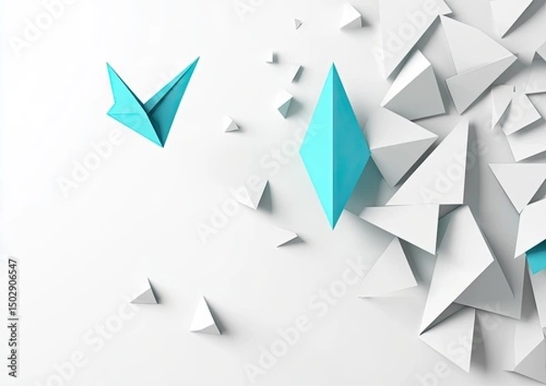 Obraz A teal origami paper form stands out amidst a chaotic arrangement of white geometric shapes