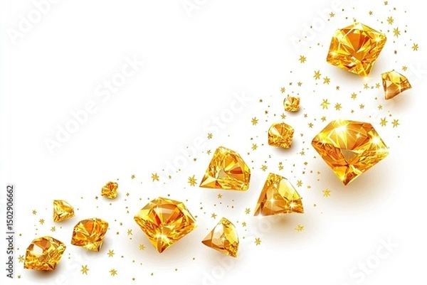 Obraz Golden diamonds scattered in a graceful arc against a white background.  Sparkling gems and glittering confetti create a luxurious, celebratory design