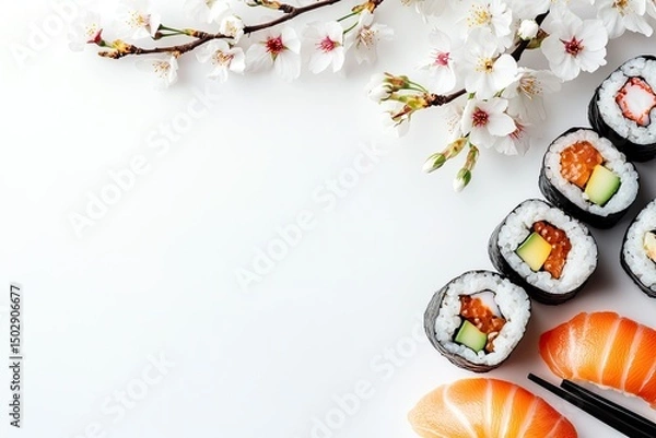 Obraz Fresh sushi rolls arranged with delicate cherry blossom branches.  Assortment of colorful fillings visible, including salmon, crab, avocado.  A top view on a white background with chopsticks