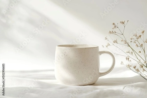 Obraz Simple, stylish cream-colored mug on a white surface, with natural light and dried flowers