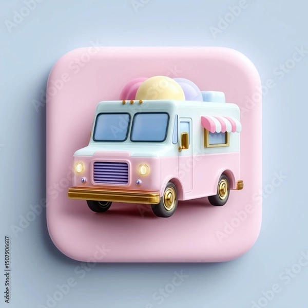 Fototapeta 3D Rendering A cute pink ice cream truck icon with colorful scoops on top, set against a soft background. Sosial media style icon