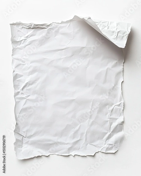 Obraz Crumpled white sheet of paper, slightly folded.  The paper has irregular edges and wrinkled texture