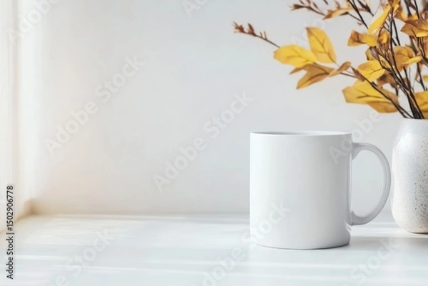 Obraz A clean white mug sits on a white surface, next to a vase of dried yellow leaves, in front of a bright window