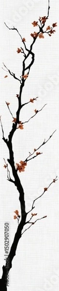 Obraz A stylized, black-ink drawing of a branch with small, reddish blossoms