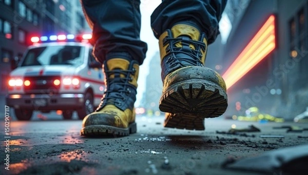 Fototapeta Close-up view of a person's work boots walking down a city street, with a blurry ambulance in the background. The scene is dimly lit, creating a dramatic mood.