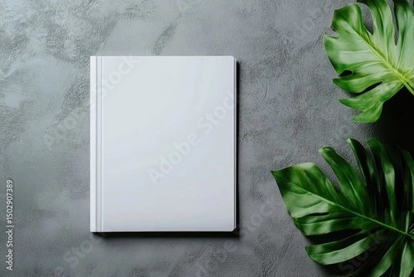 Obraz Blank white book on gray textured surface with tropical leaves