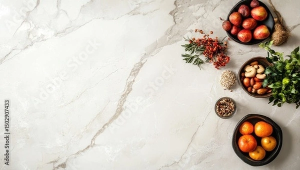 Obraz Assorted fruits and nuts arranged on a marble surface.  Healthy snack options, including apples, tangerines, nuts, seeds, and herbs
