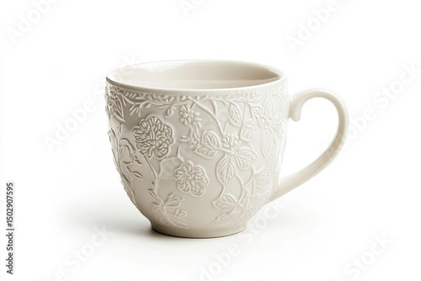 Obraz Cream-colored, ornate teacup, featuring a floral embossed design.  The cup is round, with a handle, and sits on a plain white background