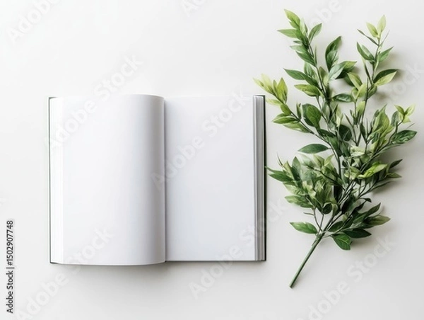 Obraz Open book, fresh greens on white background
