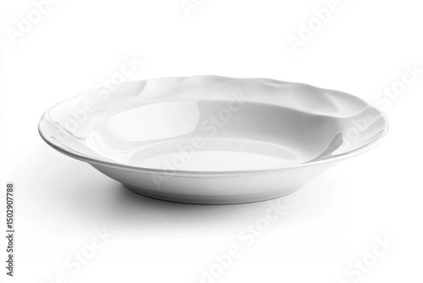Obraz White ceramic shallow bowl with fluted edge.  Features a smooth, glossy surface and a wide, rounded shape