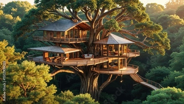 Fototapeta Multi-level treehouse nestled in a forest. Wooden structures with large windows, offering stunning views of the surrounding nature. Sunlight streams through the leaves, creating a magical atmosphere.