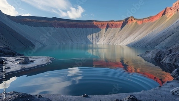 Fototapeta Serene turquoise lake nestled within a dramatic, colorful quarry. The still water reflects the vibrant hues of the surrounding cliffs, creating a breathtaking landscape.