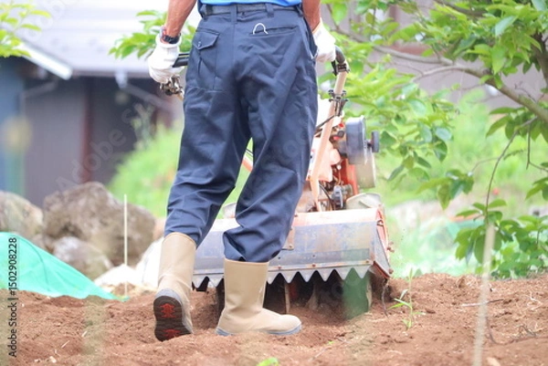 Obraz 耕運機で畑を耕す農家のおじさん