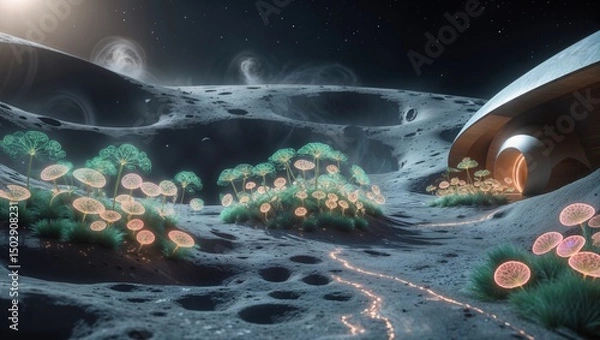Fototapeta Glowing flora illuminates a lunar landscape, near a futuristic habitat. An otherworldly scene of serenity and mystery.
