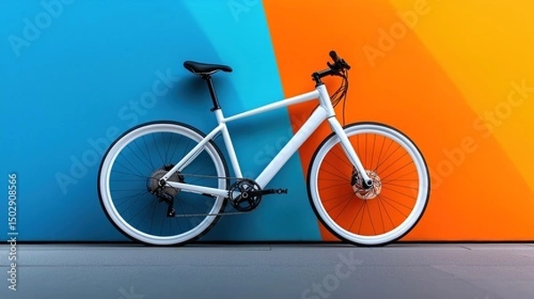 Obraz Bicycle Resting Against a Vibrant Blue and Orange Wall