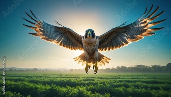 Fototapeta Majestic peregrine falcon in flight, wings spread wide against a vibrant sunrise over a verdant field. A breathtaking display of power and freedom.