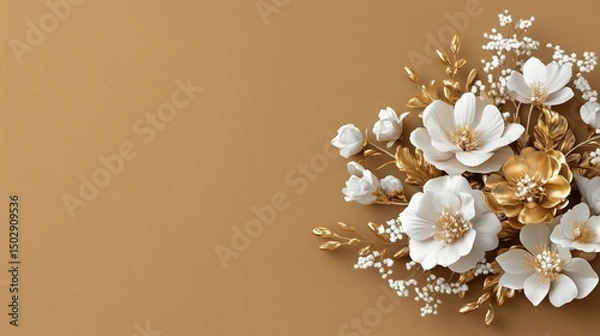 Obraz Delicate White and Gold Floral Arrangement on Textured Background