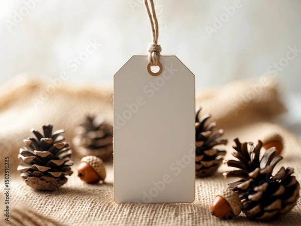 Obraz Blank Tag Mockup with Pine Cones and Acorns on Burlap Background, Ready for Text