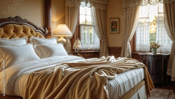 Fototapeta Luxurious bedroom with a golden-hued throw draped across a plush bed. Soft lighting and elegant curtains create a calm and sophisticated atmosphere.