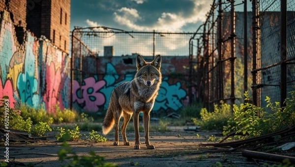 Fototapeta A coyote stands in an urban setting, backlit by the setting sun. Vibrant graffiti art decorates the walls behind it, creating a striking contrast.