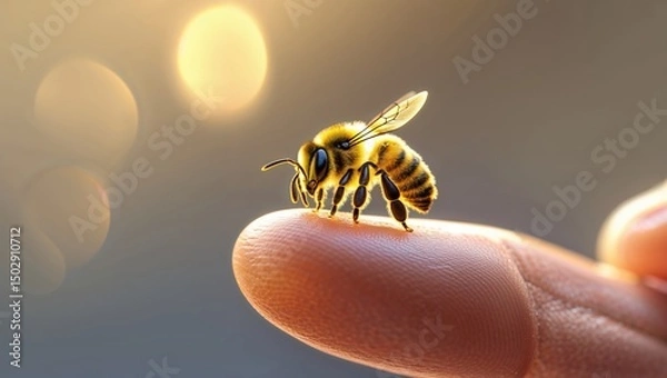 Fototapeta A tiny honeybee delicately perched on a fingertip, bathed in warm, golden light. A moment of peaceful coexistence with nature.