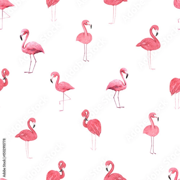Fototapeta Seamless pattern with watercolor tropical pink flamingo birds. Hand painted jungle paradise background perfect for textile and scrapbooking