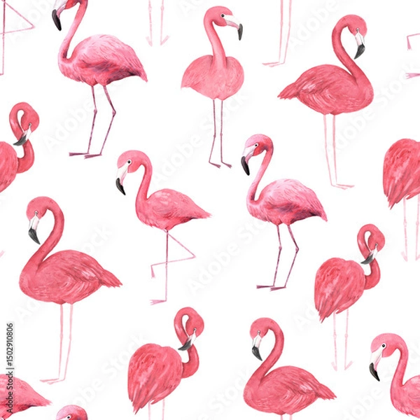 Fototapeta Seamless pattern with watercolor tropical pink flamingo birds. Hand painted jungle paradise background perfect for textile and scrapbooking