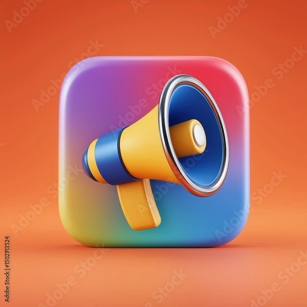 Fototapeta 3D Rendering Colorful megaphone icon on a vibrant gradient background, symbolizing communication and outreach. Sosial media style icon